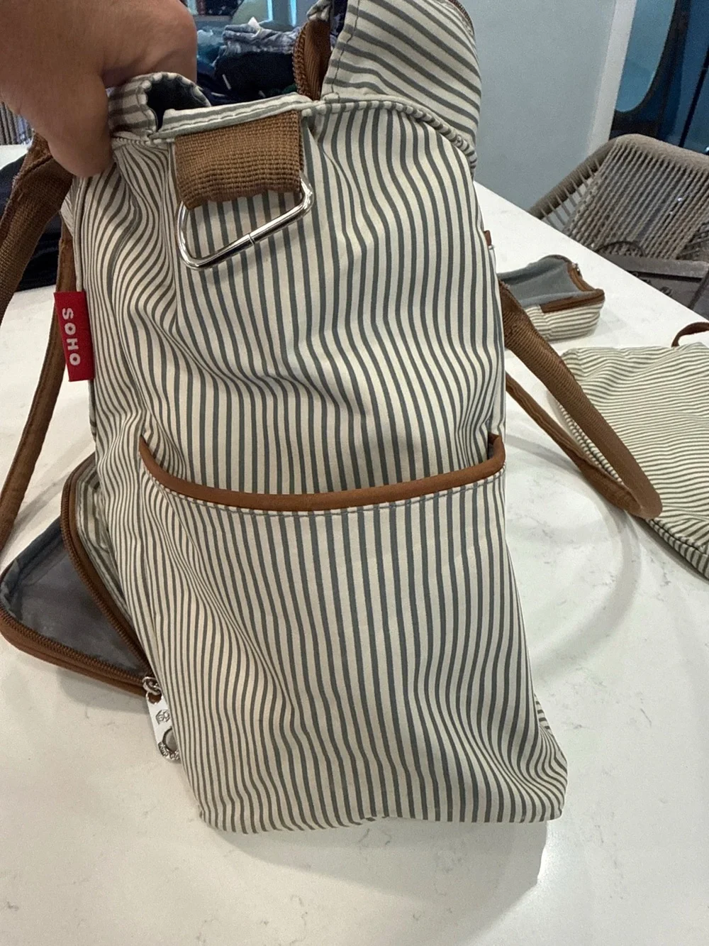 Soho Striped diaper bag Tote Bag Set with insulated Pockets - Brown Trim